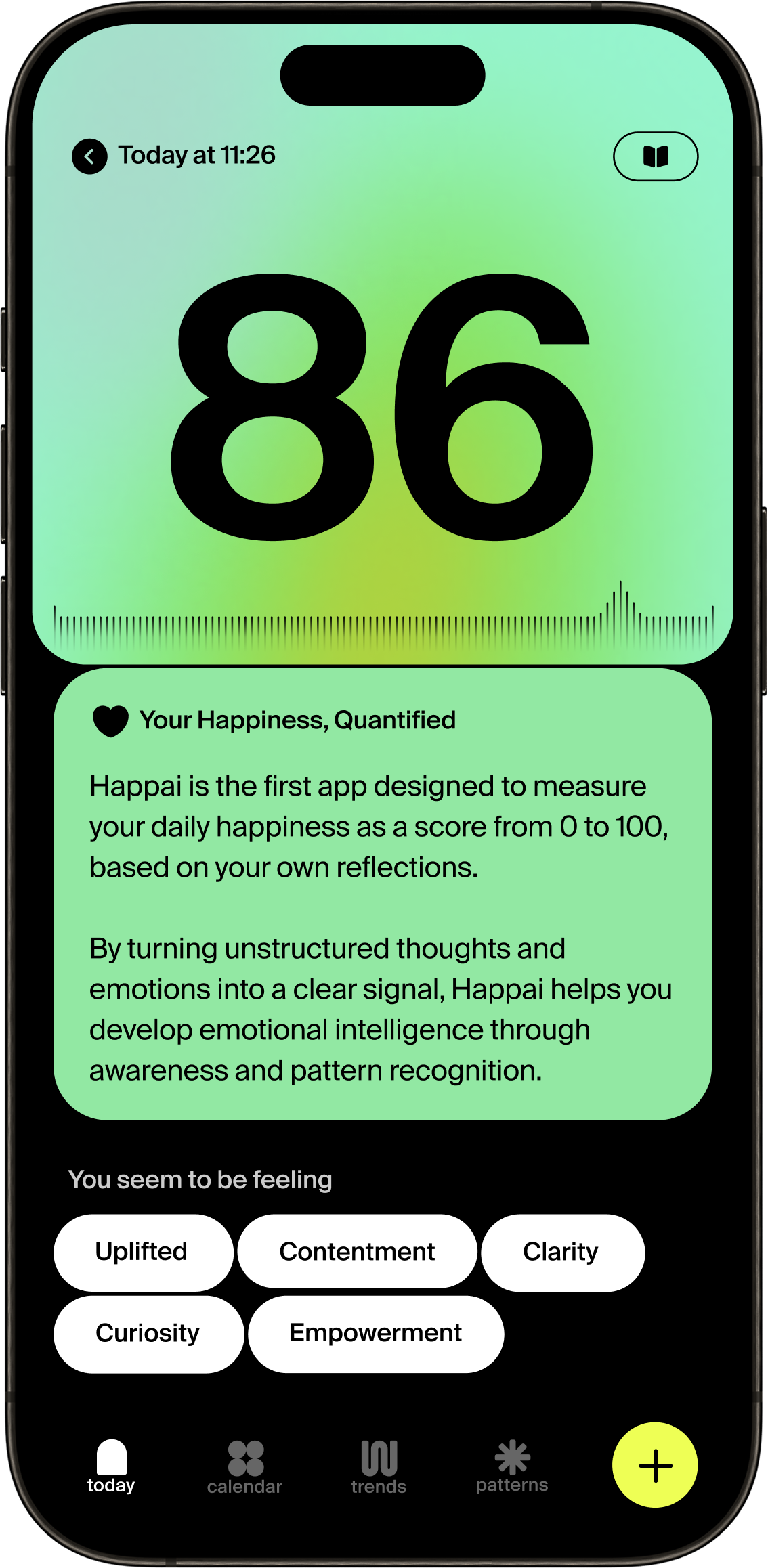 Happai app screen showing a happiness score of 86